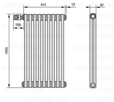 Схема (чертеж) Радиатор Zehnder Charleston 2180/9 №V012 Technoline TL